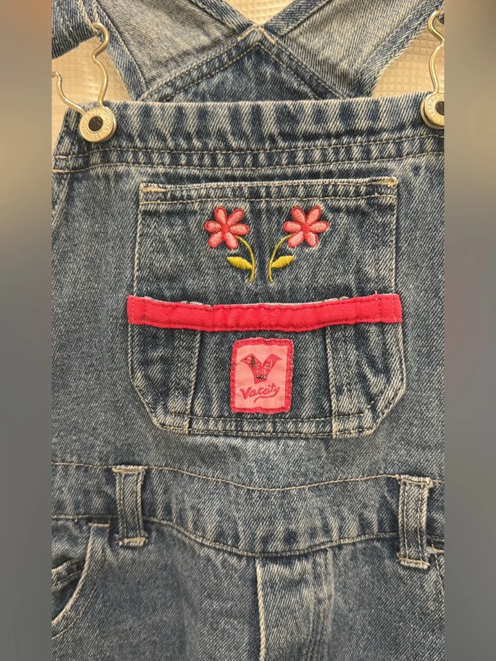 Girls Denim Overalls with Pink Floral Embroidery